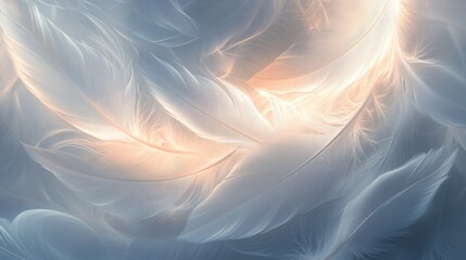 Abstract white feathers floating in a spiraling pattern with glowing edges 