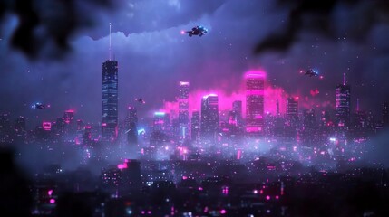 Obraz premium Futuristic Cityscape Neon Lights Flying Cars Cyberpunk Metropolis