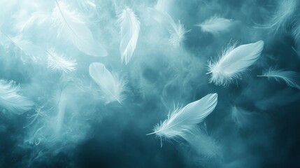 Abstract white feathers floating in a spiraling pattern with glowing edges