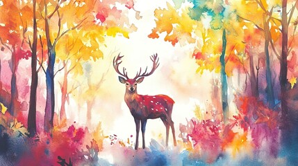 Deer standing in a colorful forest watercolor painting
