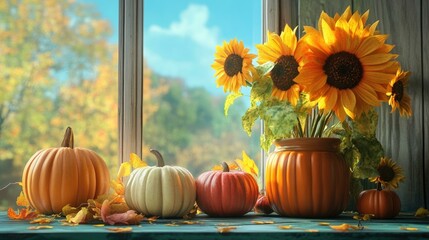 Fall flowers animation with sunflowers and pumpkins on a desk in retro style