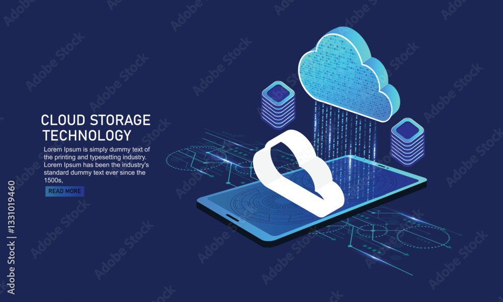 Poster cloud storage technology business with big data transfer on internet with gadget of smartphone. inte