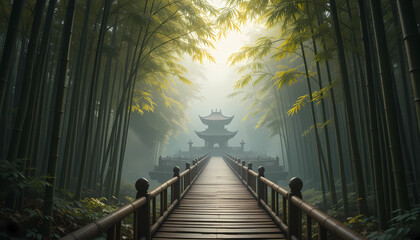 A tranquil bamboo forest where the leaves shimmer with a soft golden glow, and a mist-covered wooden bridge leads to a hidden temple.
