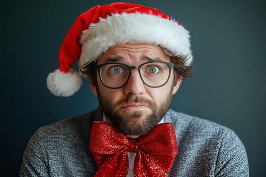Unhappy Businessman Wearing a Santa Hat and Red Bow Makes an Uncomfortable Holiday Statement Generative AI
