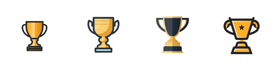 Four golden trophy cups of varying design isolated on a simple white background isolated on white or transparent