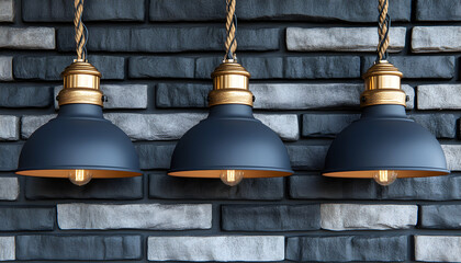 Fototapeta premium Three stylish navy blue pendant lights with gold accents hang against a dark grey brick wall. Perfect for interior design and home décor.