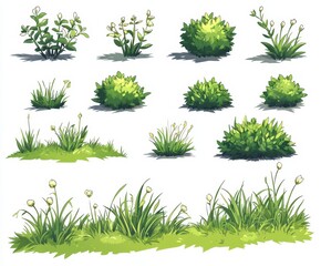 Pixel Art Grass and Bush Sprite Collection Green Vegetation Game Assets