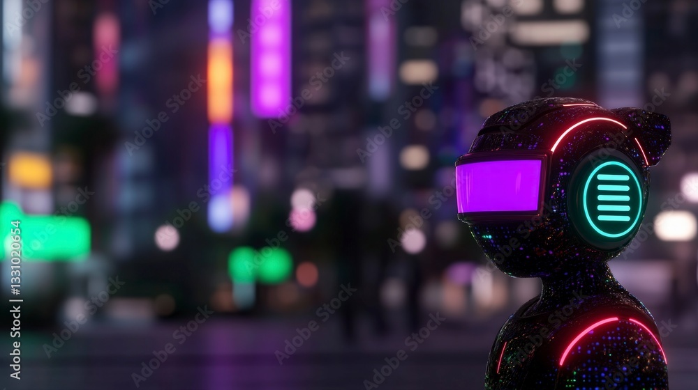 Poster futuristic robot avatar in neon cityscape ai generated 3d render