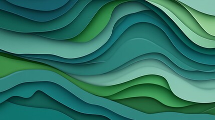 Obraz premium Abstract Teal and Green Layered Waves: Digital Paper Cut Illustration AI Generated