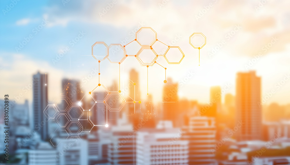 Poster abstract cityscape backdrop with hexagonal network graphic overlay, representing connection, innovat