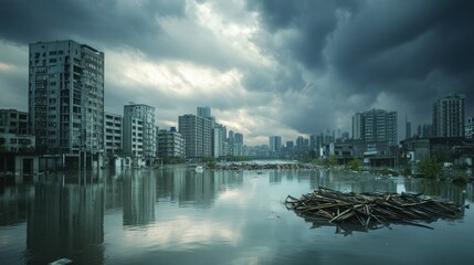Fototapeta premium Flooded, abandoned city skyline under storm clouds