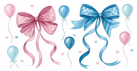 Obraz premium Hand-Painted Watercolor Bows in Pink & Blue – Elegant Ribbons V9
