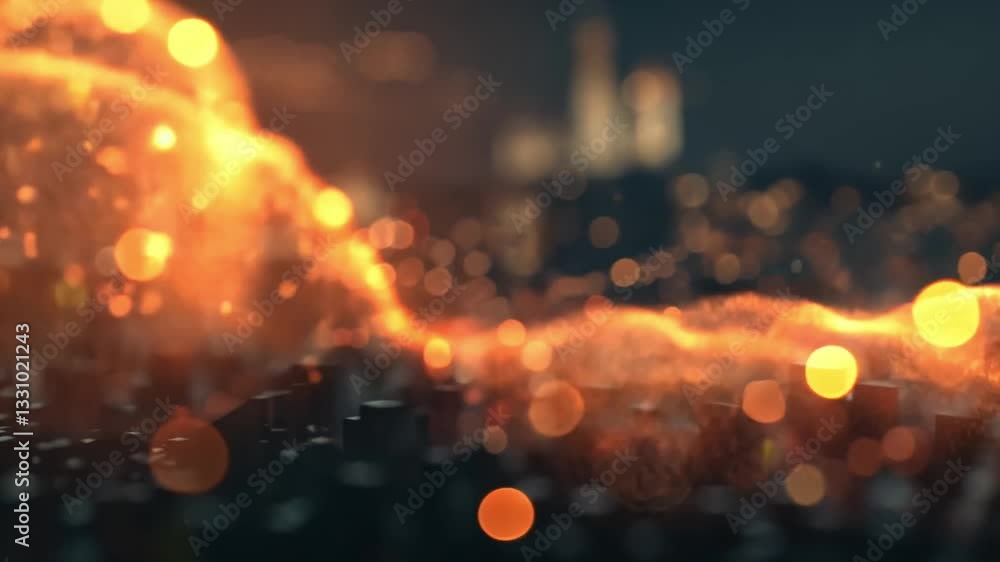 Poster mesmerizing abstract digital landscape with glowing orange particles and bokeh effect creates dynami