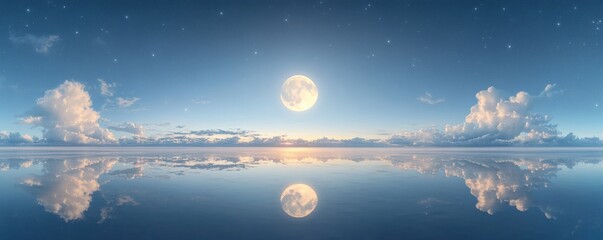 A beautiful serene scene of a full moon and reflective water