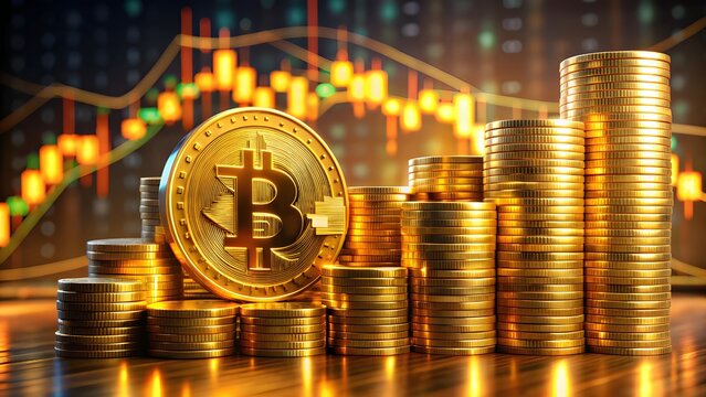 Stacks of golden bitcoin coins with a glowing orange market graph and financial trading background on a dark wood surface.







