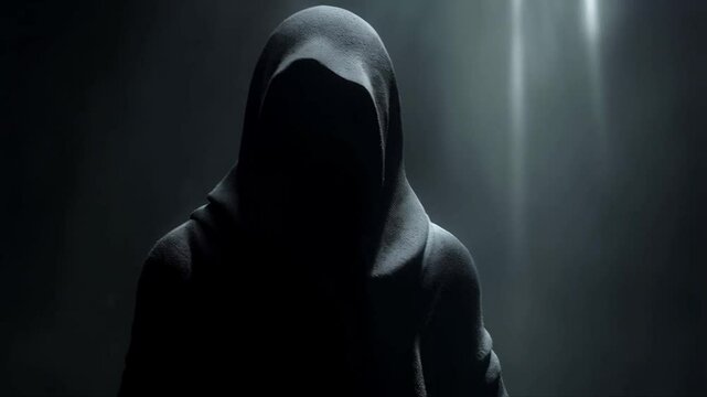The mysterious figure in a black cloak moved silently, its face hidden from view, evoking intrigue.