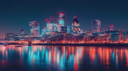 Fototapeta premium London Skyline at Night, Vibrant Reflections
