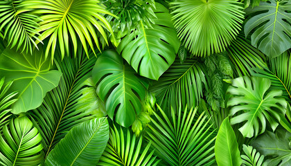Lush tropical foliage background featuring vibrant green leaves of various palm and monstera plants. Ideal for design projects needing a natural, summery vibe.