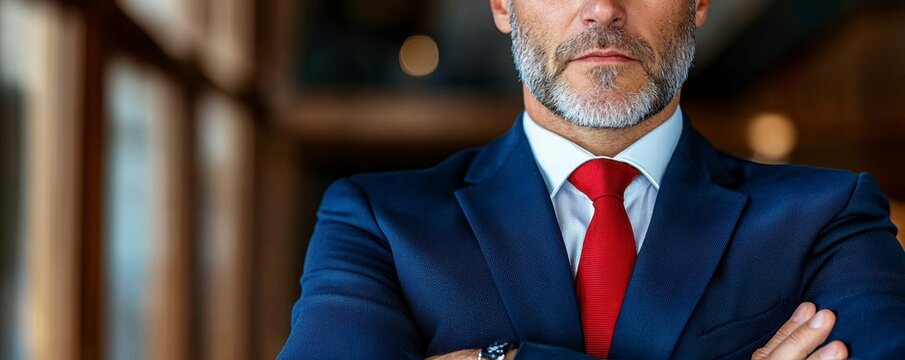 In the realm of executive presence, a tailored blue suit and striking red tie converge, embodying success, power, and unwavering confidence This portrait captures the essence of a modern leader, a