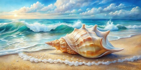 Seashell on Sandy Beach with Ocean Waves at Sunset A Peaceful Coastal Scene