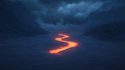 Fototapeta premium Lava flows through a dark valley under a cloudy sky, creating a dramatic and natural landscape.