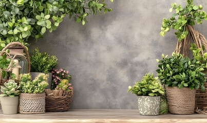 Rustic arrangement of potted plants and succulents against a textured grey background, perfect for home decor or gardening blogs.