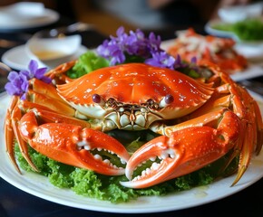 Red Crab Seafood Dish on White Plate with Purple Flowers