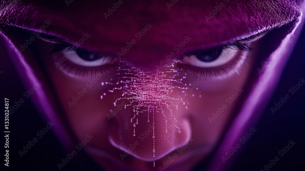 Poster cyber thief close up hacker face with digital code overlay