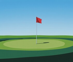 Red Flag on a Green Golf Putting Green Pixel Art Illustration