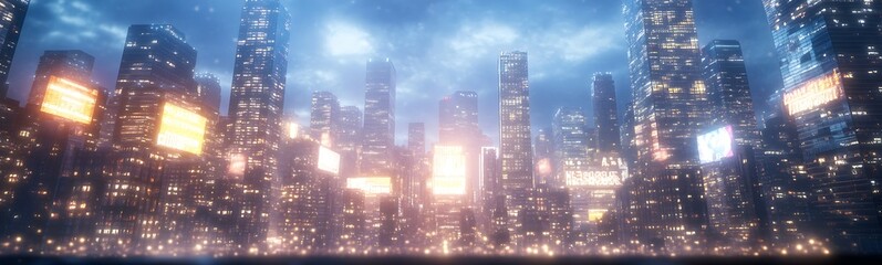 Obraz premium A vibrant city skyline illuminated at night with glowing lights and a moody atmosphere.