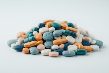 Large pile of mixed pharmaceutical capsules tablets and pills scattered on white surface symbolizing modern medicine pharmaceutical research healthcare innovation and medical industry trends