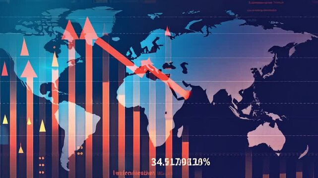 World Map with Financial Graphs and Red Arrows Indicating Downward Trend Suggesting Global Economic Decline and Financial Data Analysis with Bar Charts and Percentage Figures Highlighting Global