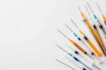 Set of medical syringes with needles arranged on white background representing vaccination medicine pharmaceutical industry and modern healthcare advancements