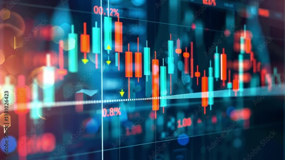 Poster vibrant digital display of stock market chart with candlestick patterns and fluctuating data, illust