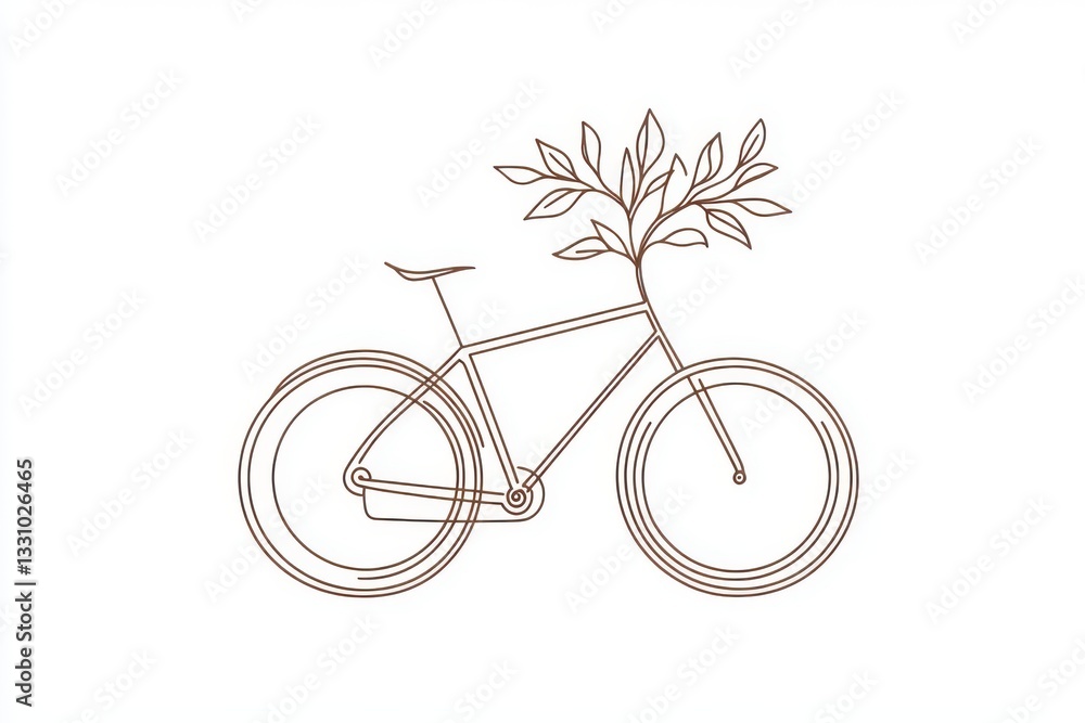 Poster a one-line drawing of a bicycle with leaves growing. simple and artistic design with nature elements