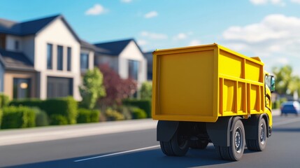A yellow dump truck driving down a suburban street lined with modern houses and greenery
