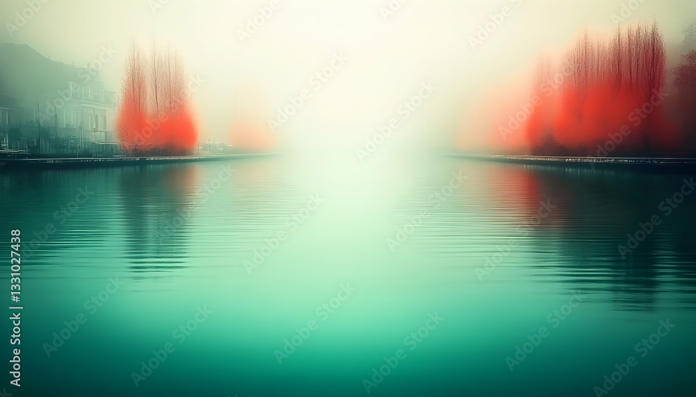Poster serene misty canal scene with vibrant red trees reflecting in calm teal water, creating a tranquil a