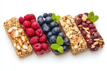 Assorted granola bars with dried fruit and nuts arranged on a clean background showcasing healthy ingredients natural textures and balanced nutritional composition