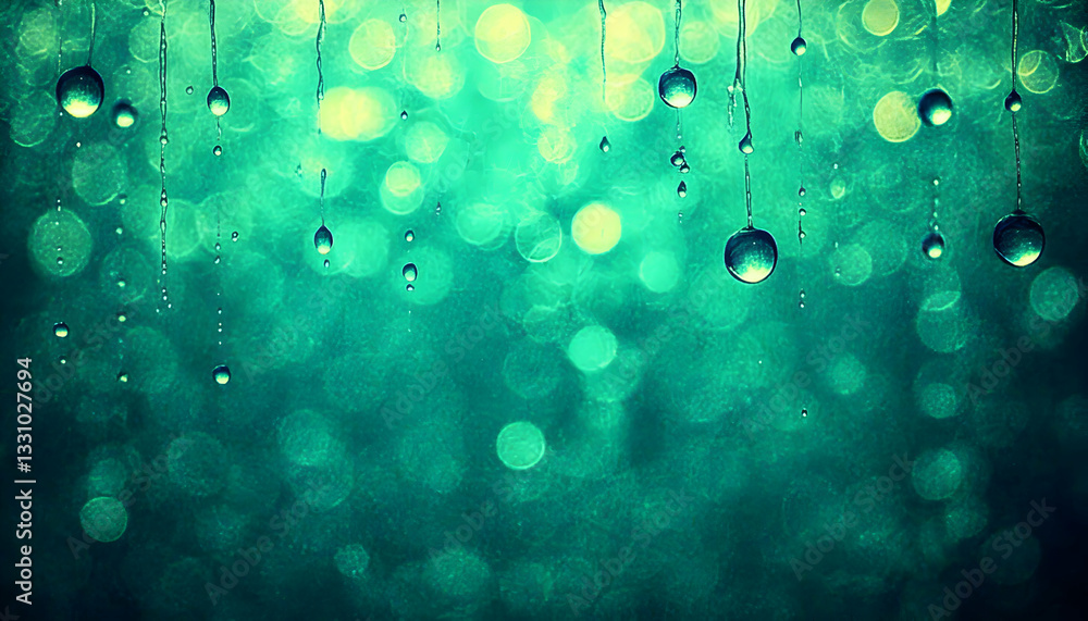Poster abstract image of raindrops on a windowpane with a teal bokeh background; perfect for nature, sereni