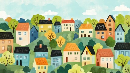 Cartoon Landscape With Colorful Houses And Trees In A Quaint Neighborhood.  Cute Illustration For Kids Or Home Design Project.