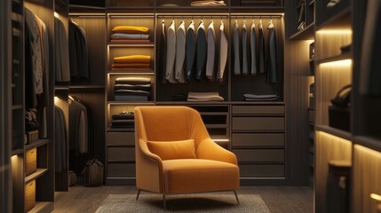 Fototapeta premium A contemporary walk-in closet featuring sleek, handleless cabinetry, open wardrobe sections, and neatly folded clothes for a seamless look.