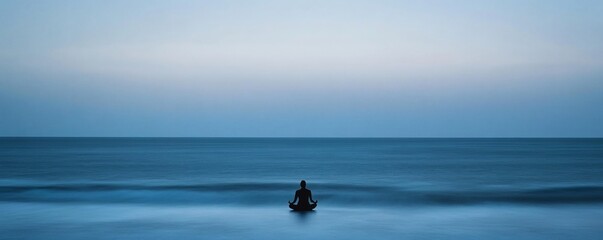 Fototapeta premium A silhouetted person sits meditating in the tranquil ocean water