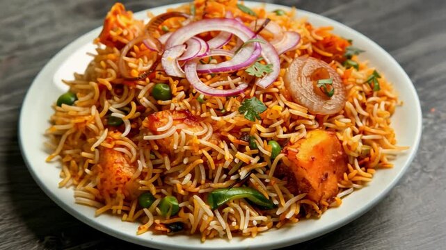 plate of flavorful and spicy Indian vegetable biryani garnished with sliced onions and fresh herbs, featuring vibrant colors and aromatic spices, served as delicious meal on rustic surface.