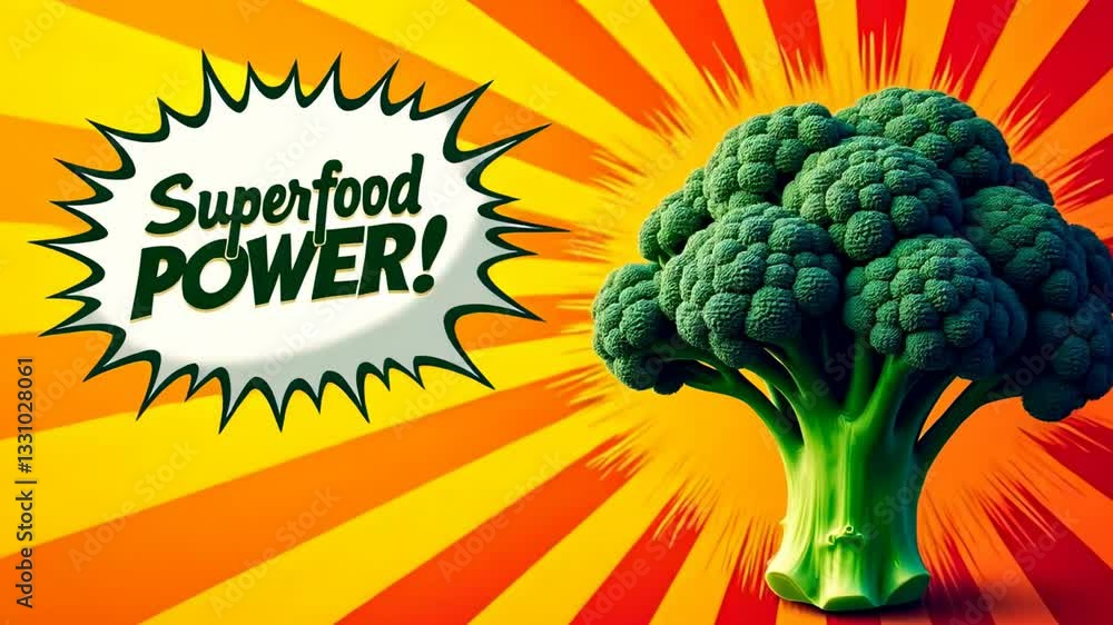 Poster the image shows a large bunch of broccoli against a background of bright rays emanating from the cen