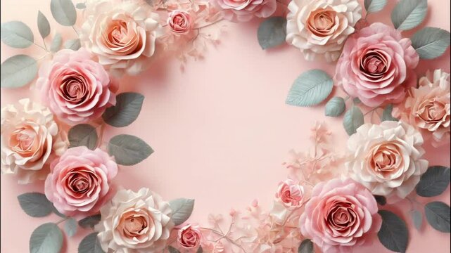 Rotating frame of roses on pink background. Wedding, Valentine's Day, Mother's Day Concept.