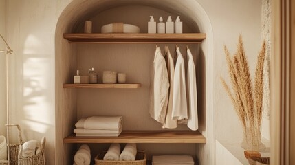 A cozy dressing room with a Scandinavian-inspired design, wooden shelves, and soft neutral tones for a calming atmosphere.