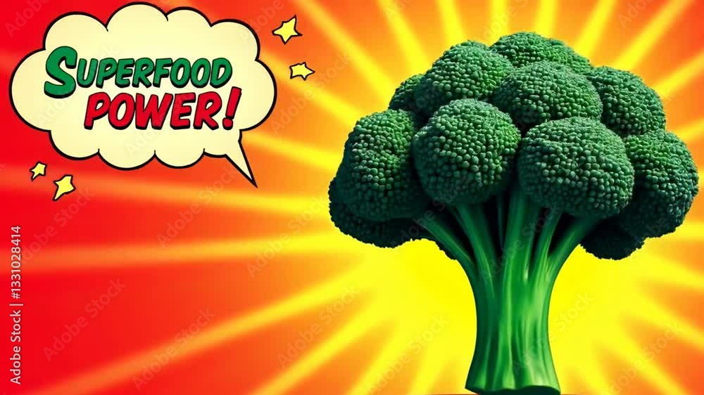 Poster the image shows a large bunch of broccoli against a background of bright rays emanating from the cen