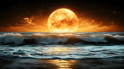 Fiery moon over ocean waves at night