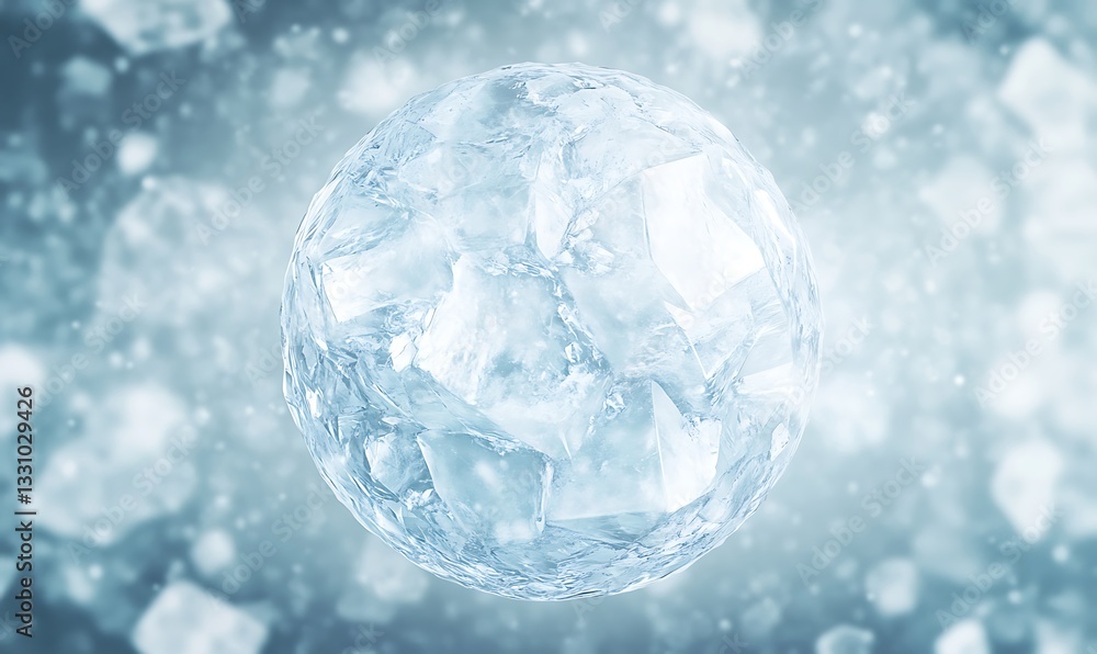 Poster translucent ice sphere surrounded by shimmering particles in a cool, ethereal setting.