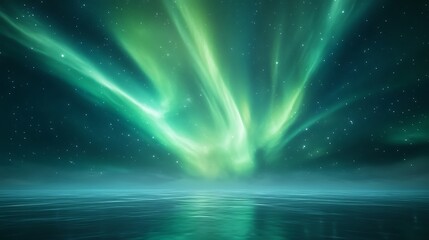 Fototapeta premium Vibrant auroras illuminate a serene night sky above calm waters.